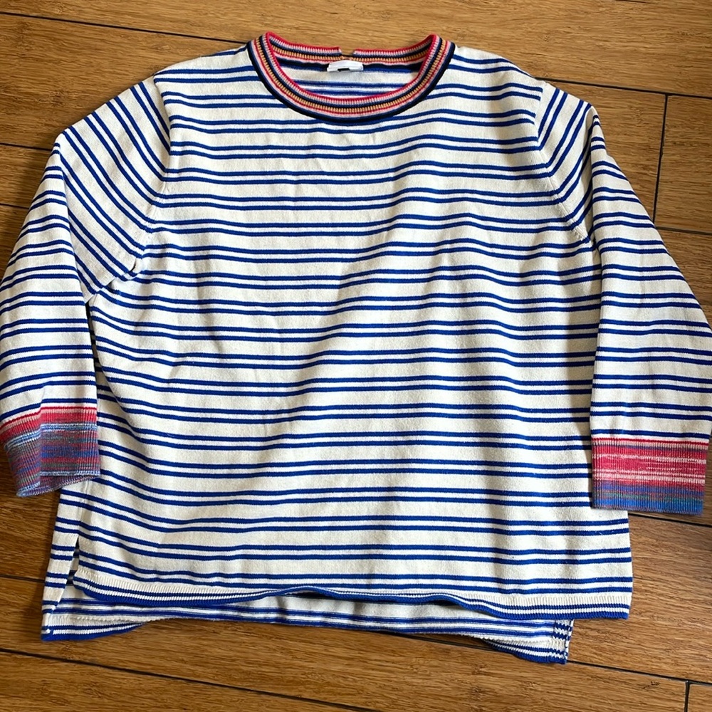 CAbi size Sm Cadet striped sweater. 99% cotton. Side slits boxy style.